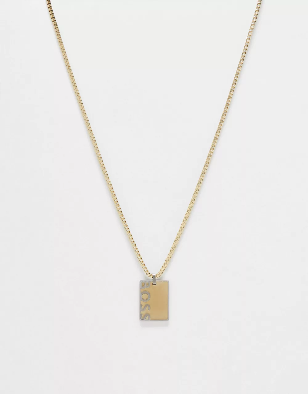 Boss mens box chain necklace with dog tag pendant in silver/gold