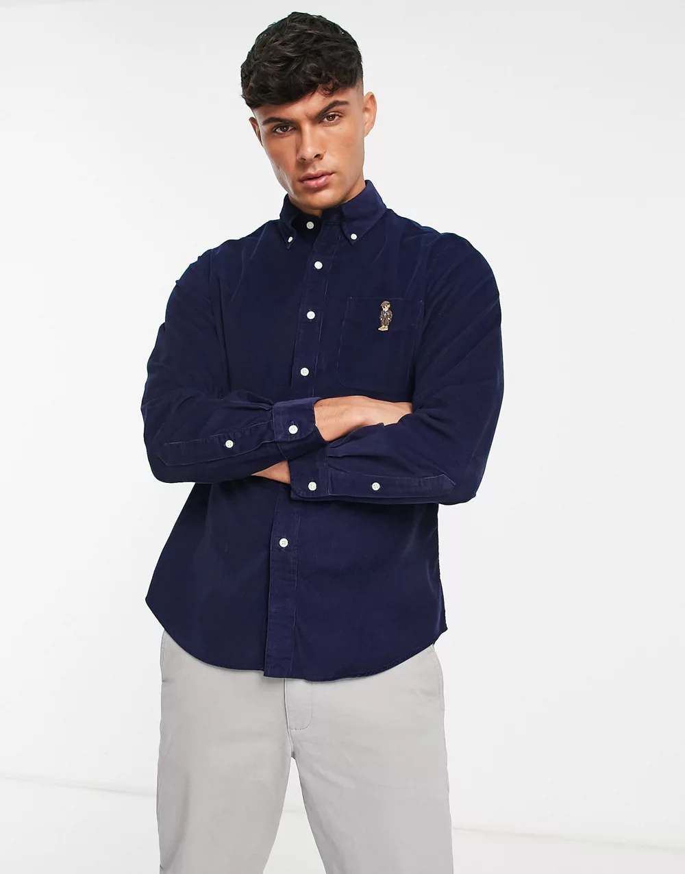 Polo Ralph Lauren heritage bear logo cord shirt custom fit in navy