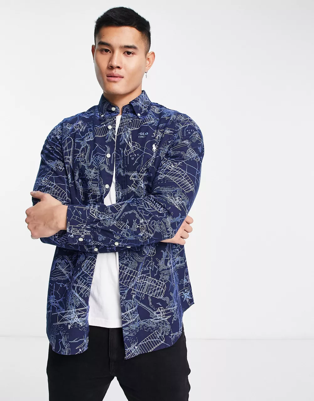 Polo Ralph Lauren icon logo vintage plane print oxford shirt custom regular fit in navy