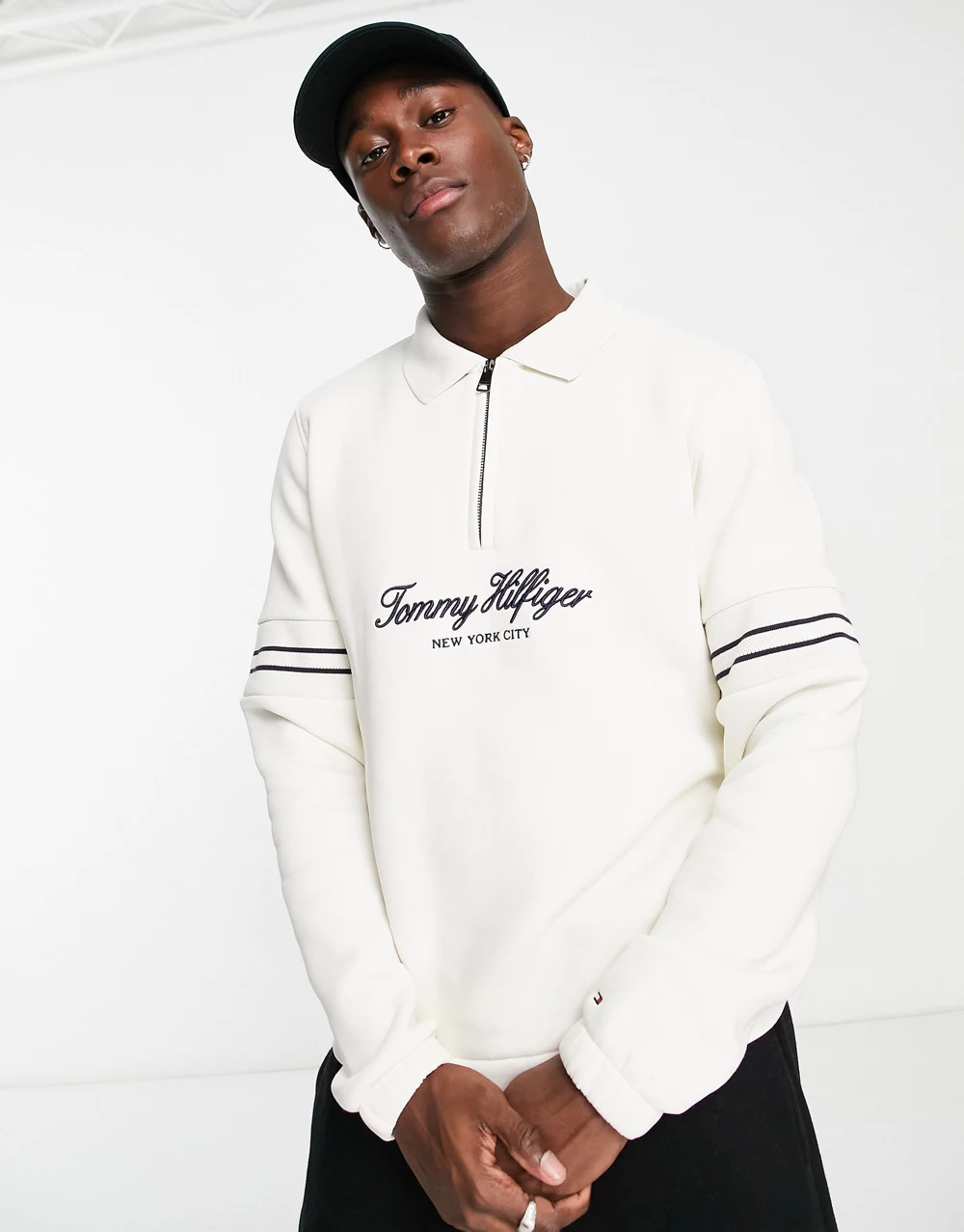 Tommy Hilfiger script logo mixed type half zip rugby sweatshirt in ivory